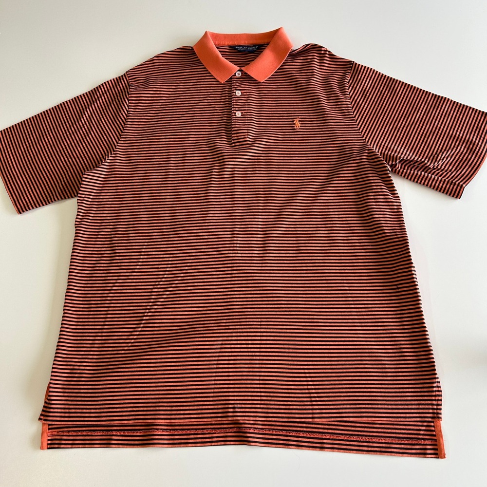 Polo Golf Ralph Lauren Mens XL Orange Navy Striped Pima Cotton Polo Shirt